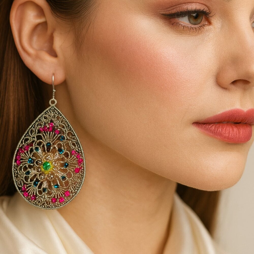 Vintage Filigree Silver Silvertone Pink Crystal Earrings